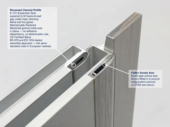 Recessed channel intumescent seal in fire door frame rebate