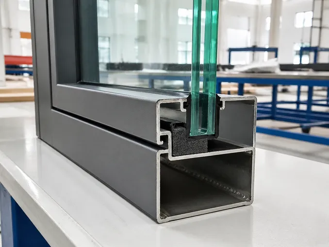 Cross-section detail of fire-rated glazing frame with recessed intumescent seal channel in steel sub-frame