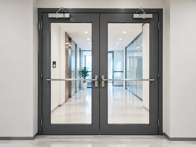 Certified glass fire door assembly showing steel leaf, glazing frame, and intumescent seal components