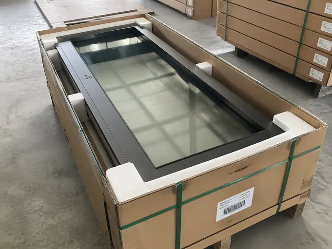 Glass fire door export packaging with foam protection and reinforced carton