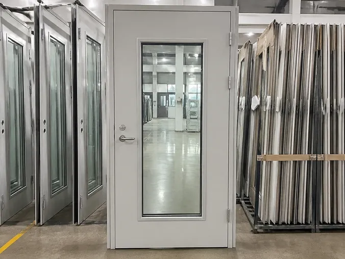EUWOO glass fire door with fire-rated vision panel — FD60 certified glazed steel door
