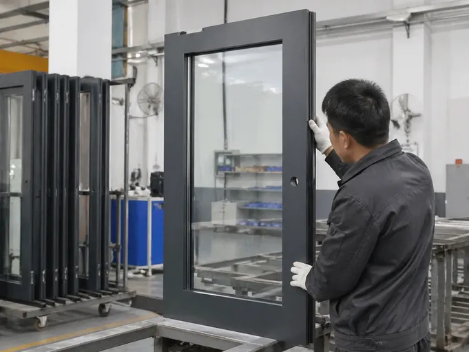 Glass fire door glazing frame weld-in integration process at EUWOO factory