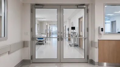 Glass fire door at hospital ward entrance enabling staff corridor visibility