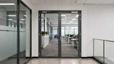 Glass fire door installed in modern office corridor with open sightlines