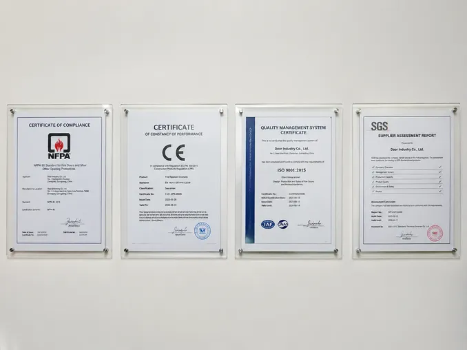 EUWOO fire door certifications — NFPA 80, CE, ISO 9001:2015, SGS