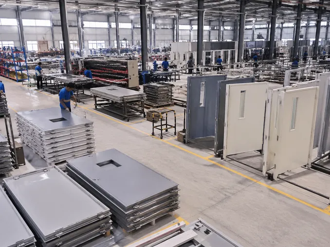 EUWOO fire door factory production floor — factory-direct supply