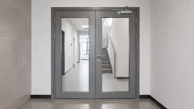 Glass fire door with fire-rated glazing panel