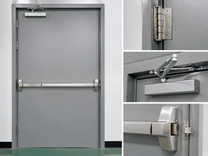 Industrial fire door hardware configuration showing ball-bearing hinges, EN 1154 closer, and panic exit bar