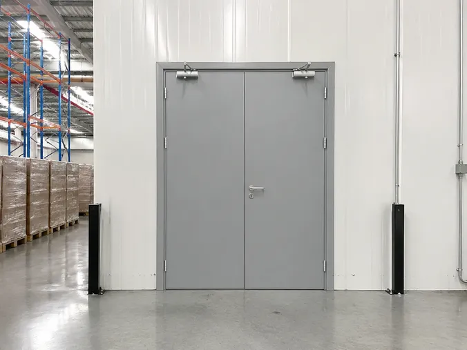 EUWOO industrial fire door — 1.5mm SPCC body, FD30–FD120 rated, installed in warehouse facility