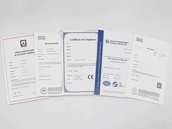 EUWOO interior fire door certification documentation — NFPA 80, CE, ISO 9001, SGS