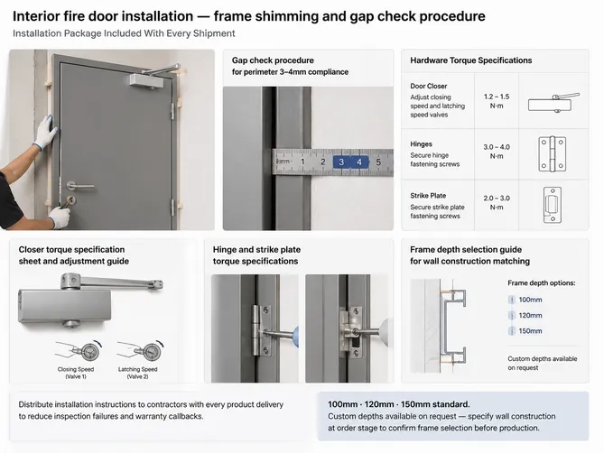 Interior fire door installation — frame shimming and gap check procedure