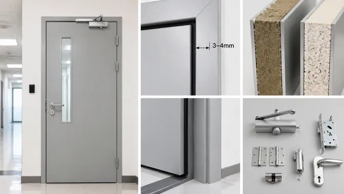 Interior fire door frame-to-leaf tolerance and intumescent seal detail for smoke compartmentation