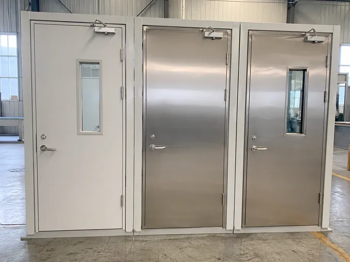 Custom kitchen fire door configurations including vision panel and stainless cladding options