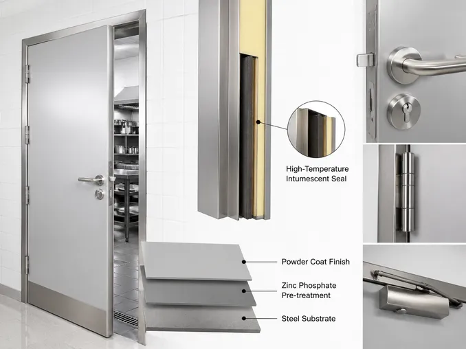 Kitchen fire door construction detail — zinc phosphate pre-treatment, powder coat finish, stainless hardware