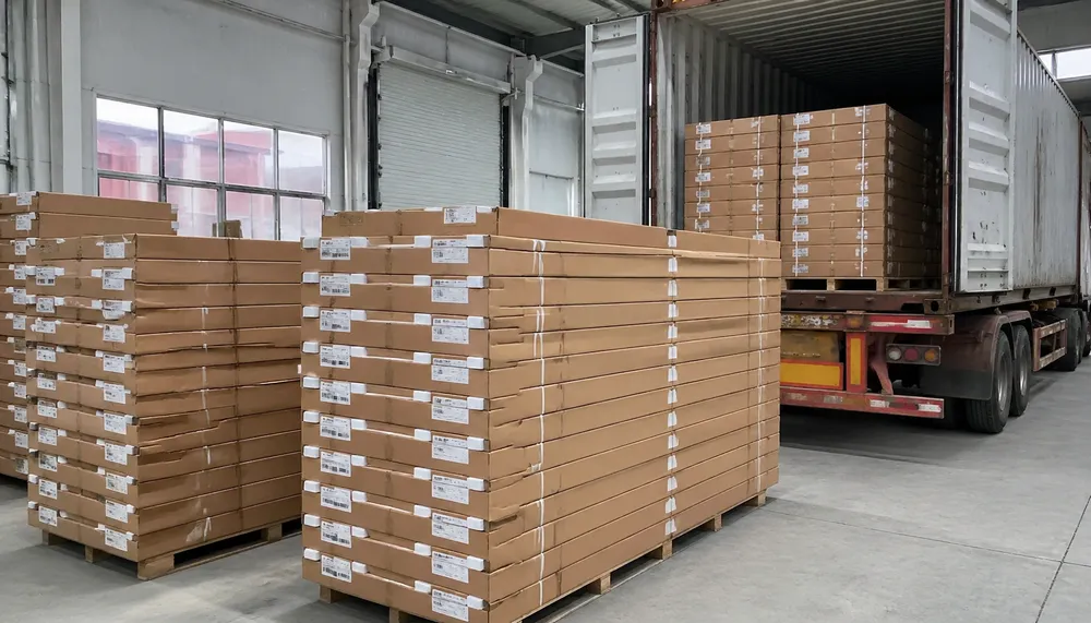 KD office fire doors packed in reinforced cartons ready for 40HQ container loading