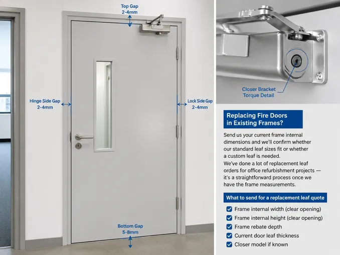 Office fire door frame installation showing perimeter gap and closer bracket torque detail