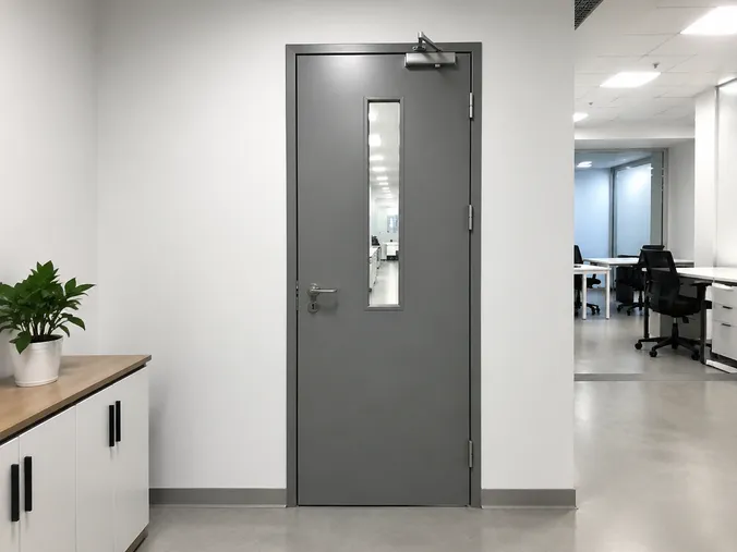 EUWOO office fire door — FD60 rated steel door with powder coat finish and vision panel in corporate interior