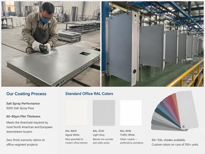 Office fire door powder coating process — weld seam grinding and zinc phosphate pre-treatment