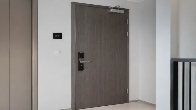 Self closing fire doors for residential high-rise apartment entrances