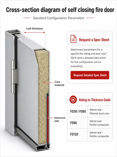 Cross-section diagram of self closing fire door showing leaf thickness, core material, and intumescent seal