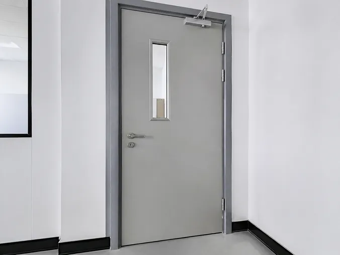 EUWOO self closing fire door with EN 1154 overhead closer installed in steel frame