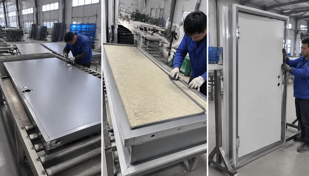 EUWOO single fire door production line — steel body assembly, intumescent seal installation, and frame fit verification