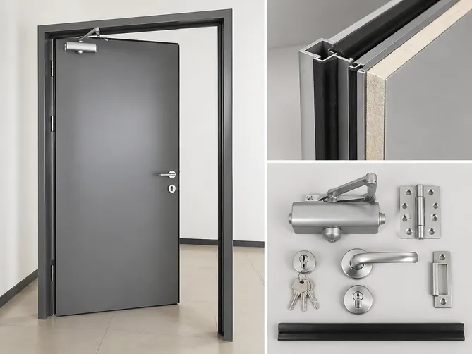 Single leaf fire door assembly showing frame, intumescent seal, and hardware components