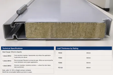 Cross-section view of single fire door showing SPCC steel body gauge and mineral wool core construction