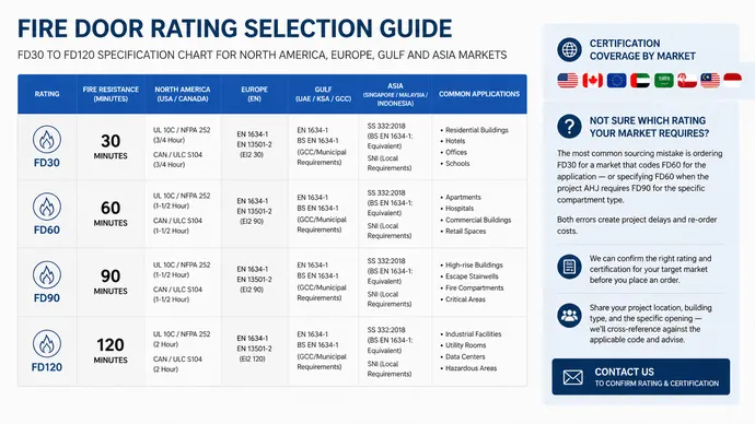 Fire door rating selection guide — FD30 to FD120 specification chart for North America, Europe, Gulf and Asia markets