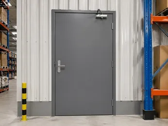 Heavy-gauge steel fire door installed in industrial warehouse facility