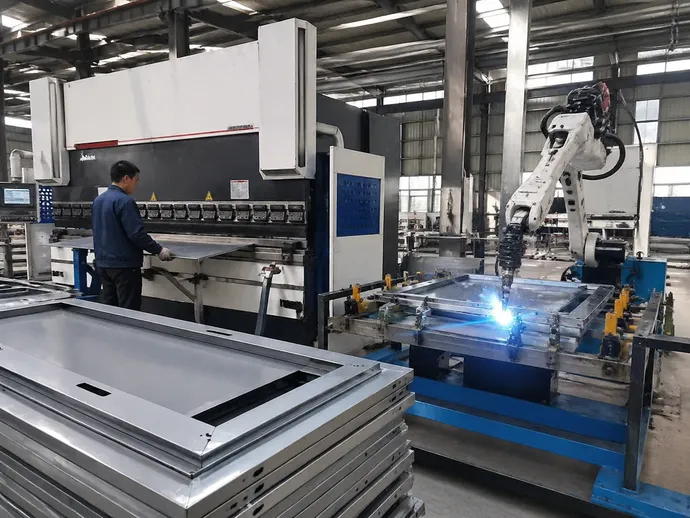 Steel fire door manufacturing process — CNC press brake forming and robotic MIG welding on production line