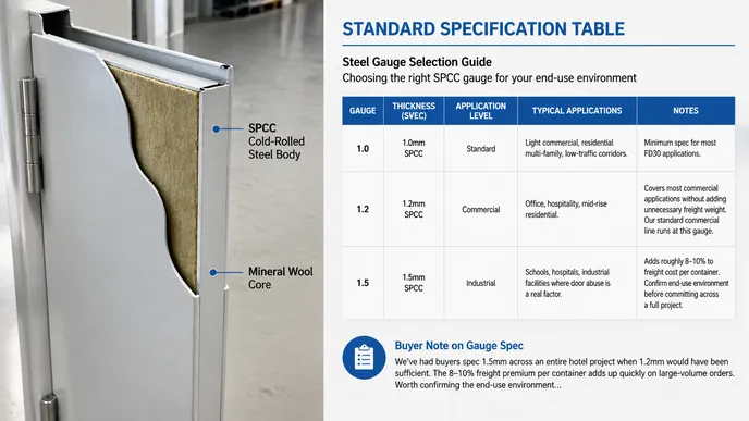 Cross-section of EUWOO steel fire door showing SPCC cold-rolled steel body and mineral wool core construction