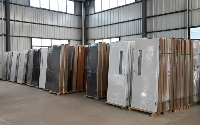 EUWOO finished steel and fire doors staged in the factory warehouse, ready for container loading and export