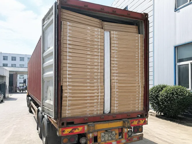 EUWOO flat-pack KD door sets being loaded into a 40HQ shipping container — showing dense packing configuration