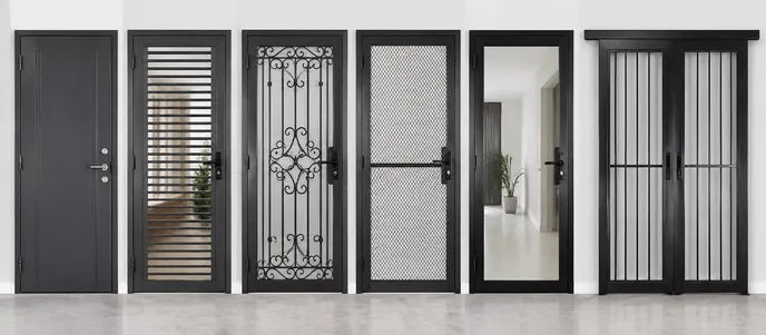 EUWOO security door product line — steel, aluminium, wrought iron, mesh, glass, and sliding configurations