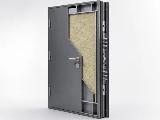 EUWOO commercial security door cross-section showing 1.2mm steel panel and mineral wool core