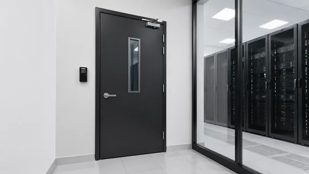 Security door with access control integration at data center server room entrance