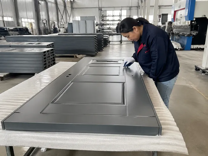 Quality control inspection of commercial security door panels at EUWOO factory