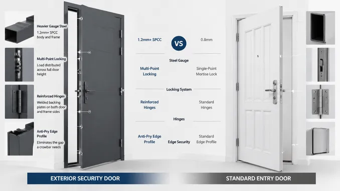 Exterior security door vs standard entry door — steel gauge and locking comparison