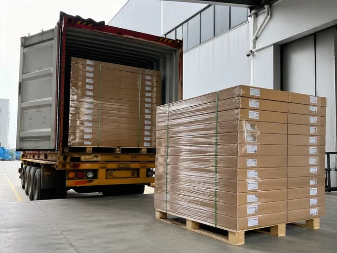 KD flat-pack exterior security door packaging ready for container loading