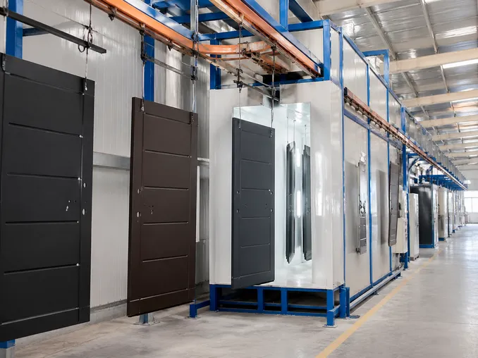 Automated electrostatic powder coating line applying 60-80μm finish to exterior security door panels