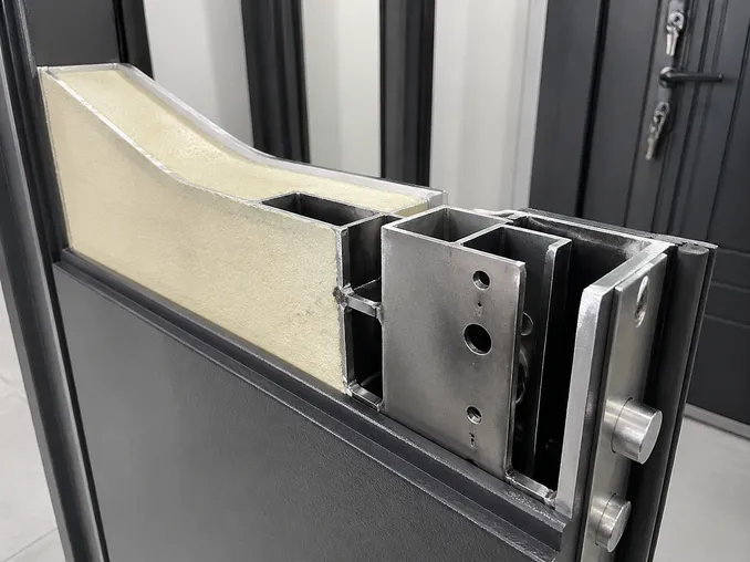 Cross-section of EUWOO exterior security door showing welded steel skeleton, lock block reinforcement, and PU foam fill
