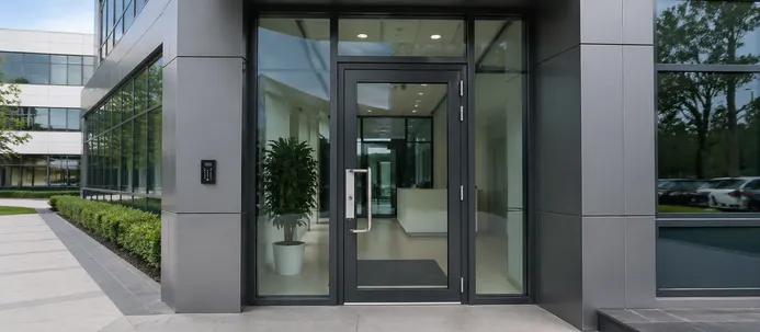 Glazed security door at commercial office and corporate campus entrance