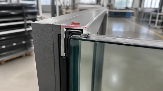 Machined glazing channel in steel door frame showing 18mm channel depth and neoprene gasket installation