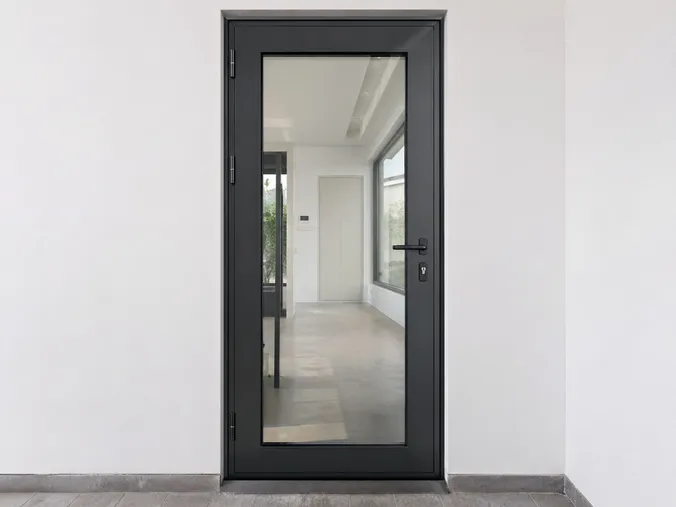 EUWOO glass security door — steel frame with tempered glazing panel