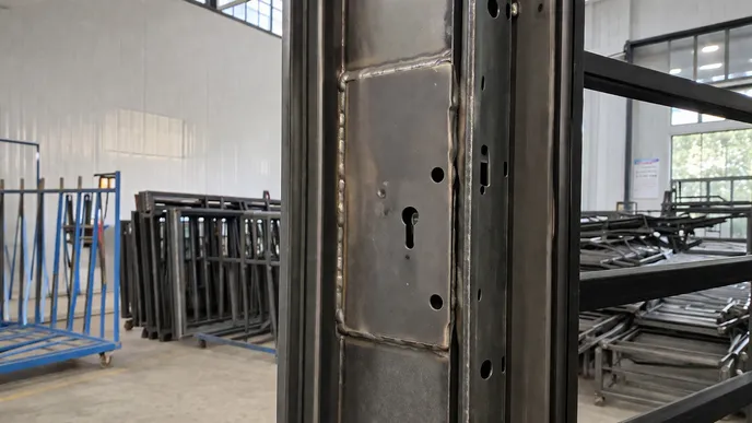 Lock zone reinforcement showing 3mm steel plate welded into door body at lock rail with full perimeter fillet weld