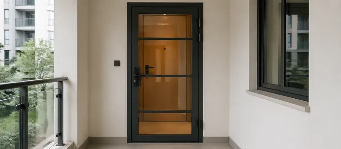 Glazed security door at residential apartment unit entrance in mid-to-high-end development
