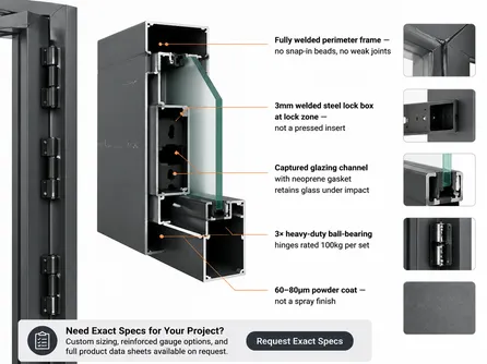 Cross-section diagram of EUWOO glass security door steel frame and glazing channel