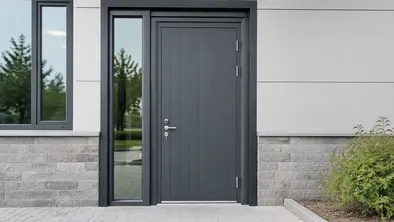 Exterior security door with weather-sealed perimeter and corrosion-resistant coating