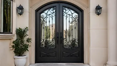 Wrought iron security door with hand-finished ornamental detailing